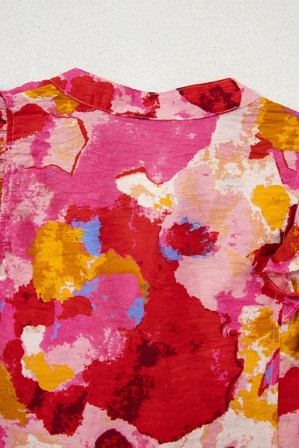 Red Abstract Print Split V Neck Ruffle Short Sleeve Blouse - Image 13