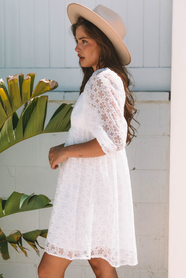 White Floral Lace Puff Sleeve Empire Waist Mini Dress - Image 13
