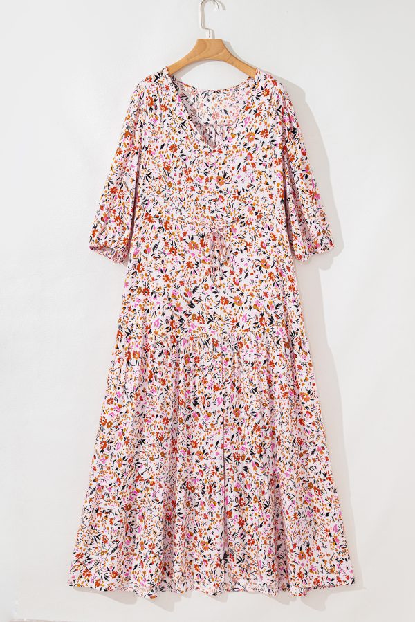 Red Boho Half Sleeve Floral V Neck Maxi Dress - Image 6