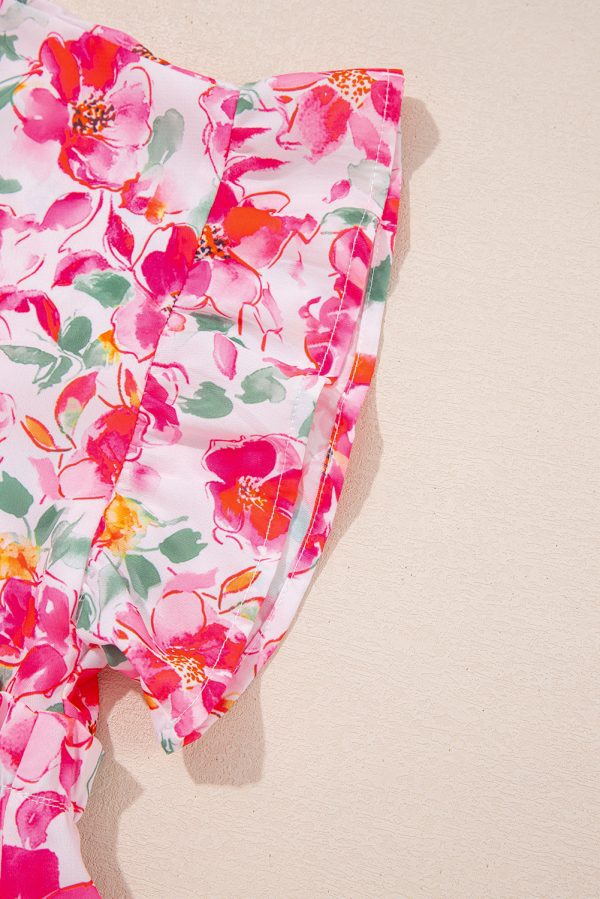 Pink Floral Boxy Fit Ruffled Short Sleeve V Neck Blouse - Image 9