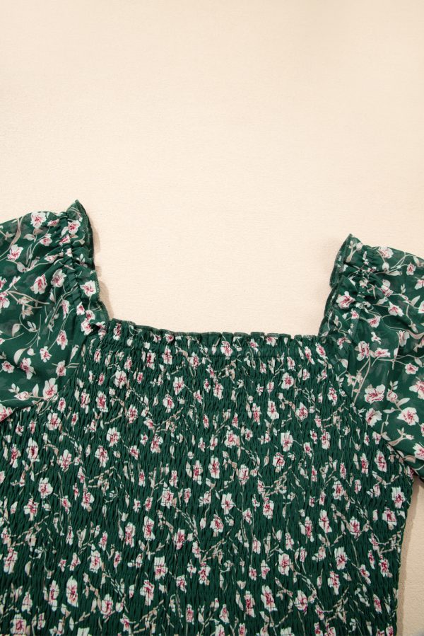 Green Smocked Square Neck Puff Short Sleeve Floral Dress - Image 9