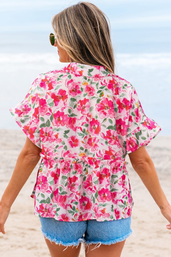 Pink Floral Boxy Fit Ruffled Short Sleeve V Neck Blouse - Image 2