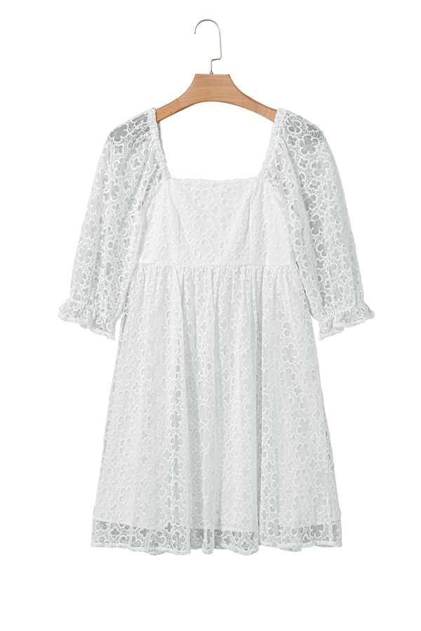 White Floral Lace Puff Sleeve Empire Waist Mini Dress - Image 19