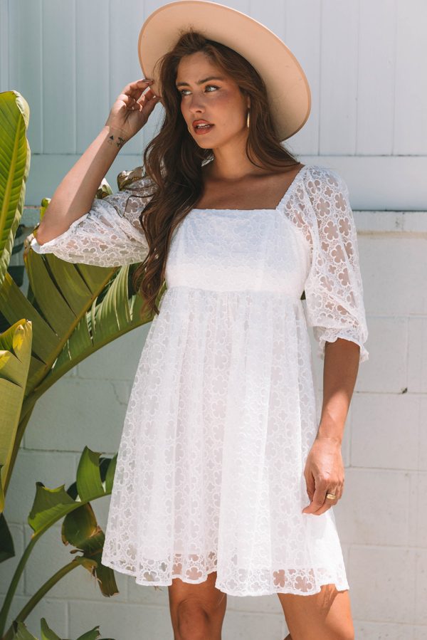 White Floral Lace Puff Sleeve Empire Waist Mini Dress - Image 15