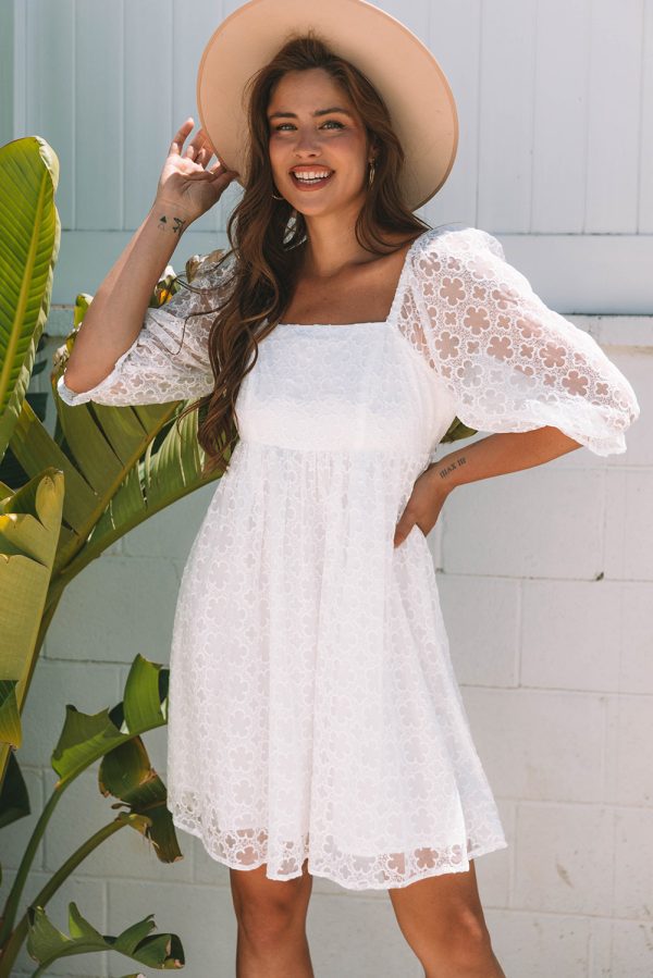White Floral Lace Puff Sleeve Empire Waist Mini Dress - Image 14