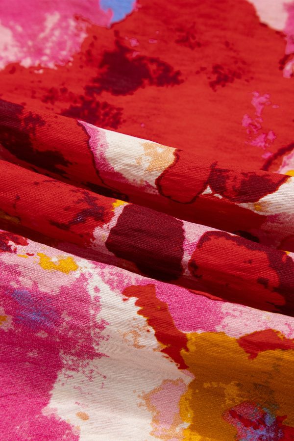 Red Abstract Print Split V Neck Ruffle Short Sleeve Blouse - Image 14