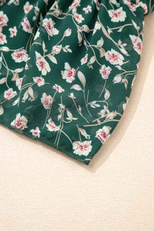 Green Smocked Square Neck Puff Short Sleeve Floral Dress - Image 11