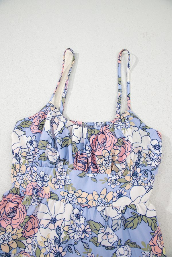 Sky Blue Floral Tiered Patchwork Spaghetti Strap Vacation Dress - Image 10