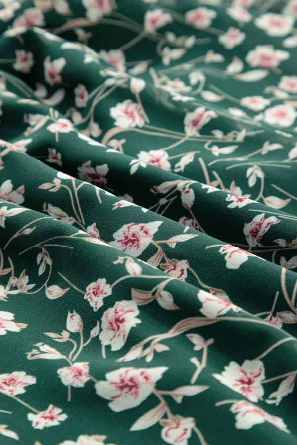 Green Smocked Square Neck Puff Short Sleeve Floral Dress - Image 12