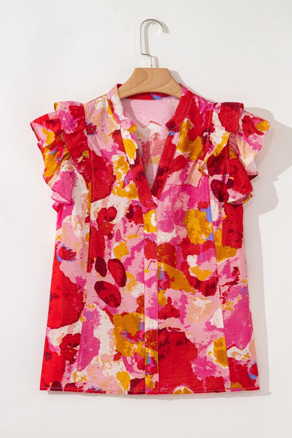 Red Abstract Print Split V Neck Ruffle Short Sleeve Blouse - Image 8