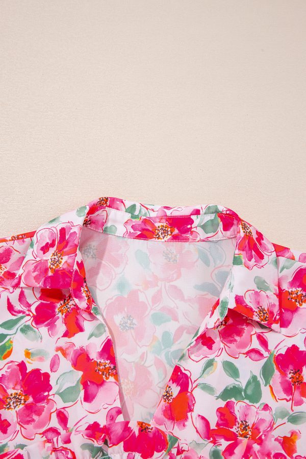 Pink Floral Boxy Fit Ruffled Short Sleeve V Neck Blouse - Image 7